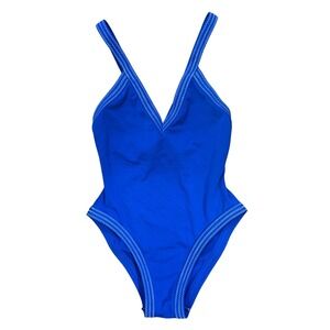 Karla Colletto Blue One Piece Swimsuit V-Neck Contrast Stitch Made in USA Size 6